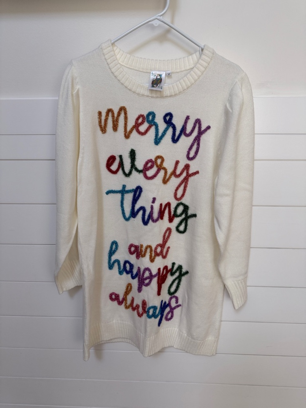 QUEEN OF SPARKLES Cream Crewneck Sweater with Rainbow Script